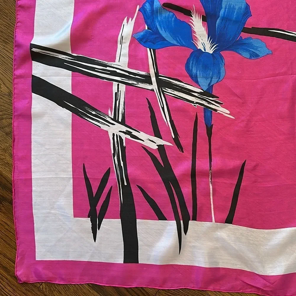Lovely vintage bright‎ pink, white & black large scarf with blue irises